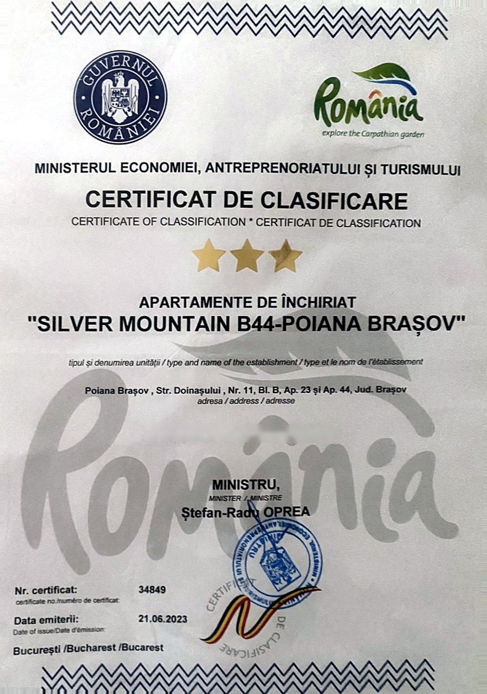 Certificat de clasificare 3 stele nr. 34849